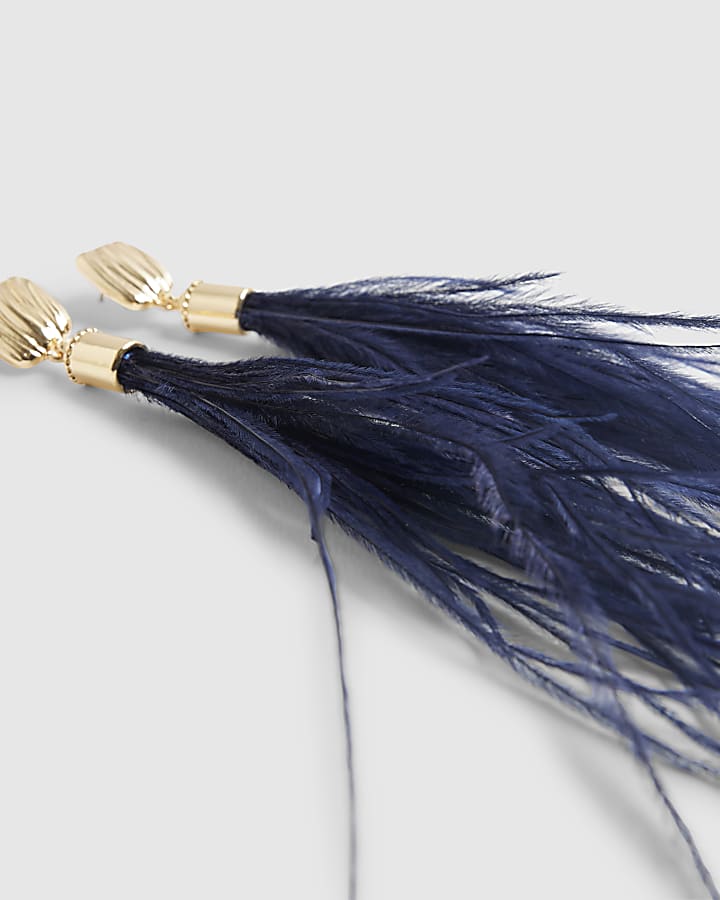 Beige Blue Feather Drop Earrings