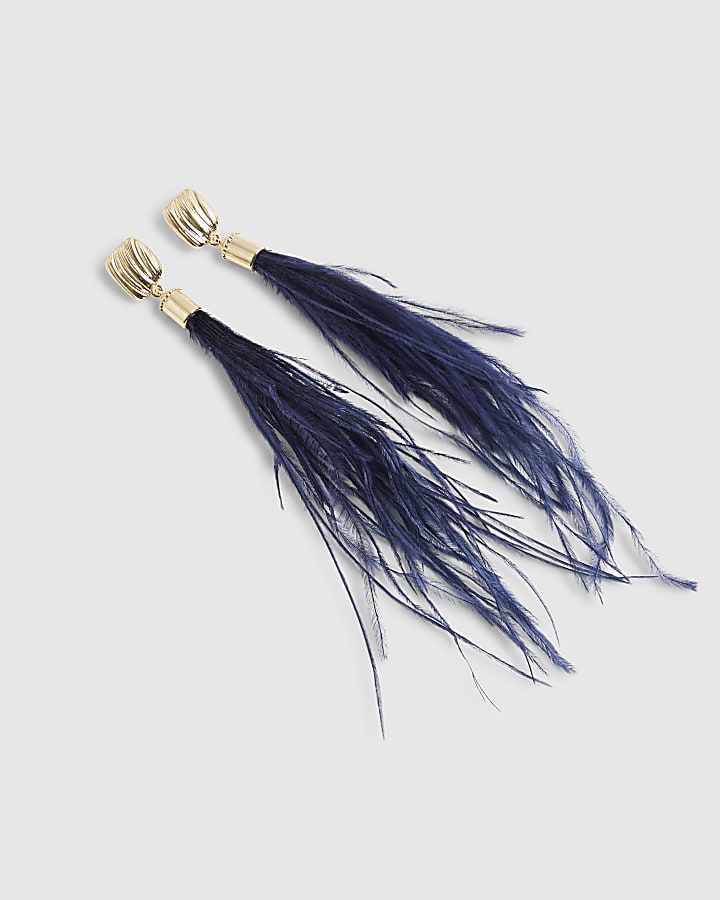 Beige Blue Feather Drop Earrings