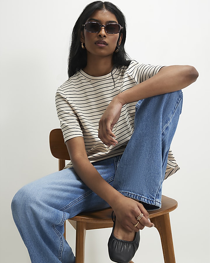 Cream Short Sleeve Striped Top