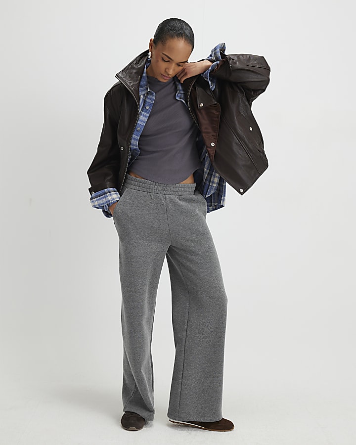 Grey Long Sleeve Ribbed Crew Neck Top