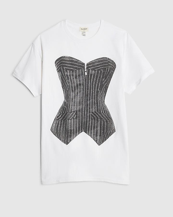 White Short Sleeve Diamante Corset T-shirt