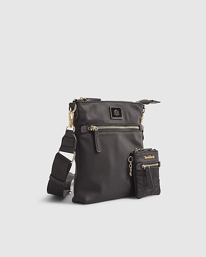 Black Nylon Zip Front Messenger bag