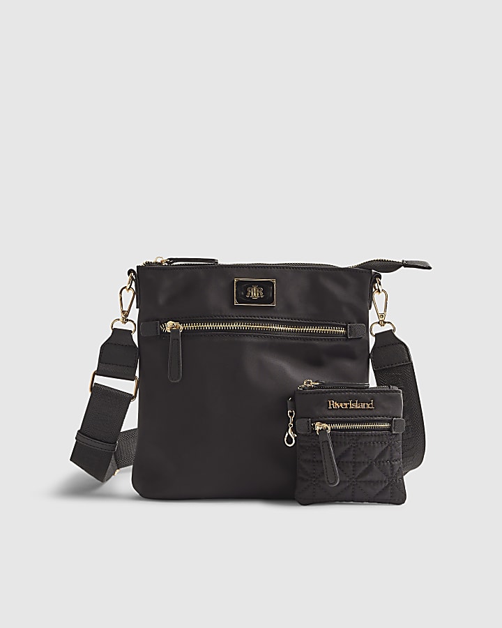 Black Nylon Zip Front Messenger bag