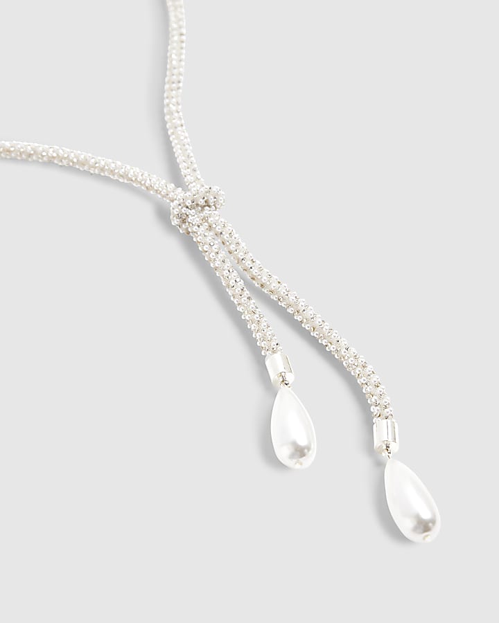 White Pearl Embellished Knot Necklace