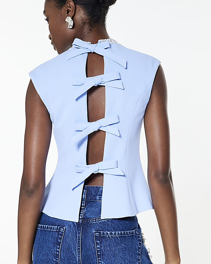 Blue Sleeveless Diamante Collar Bow Back Top