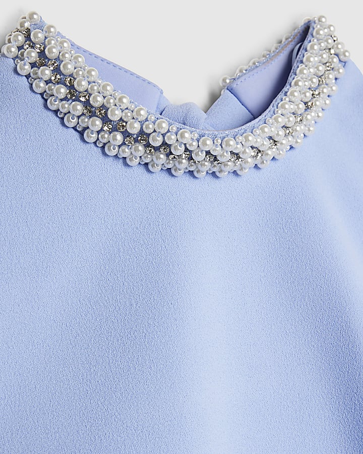 Blue Sleeveless Diamante Collar Bow Back Top