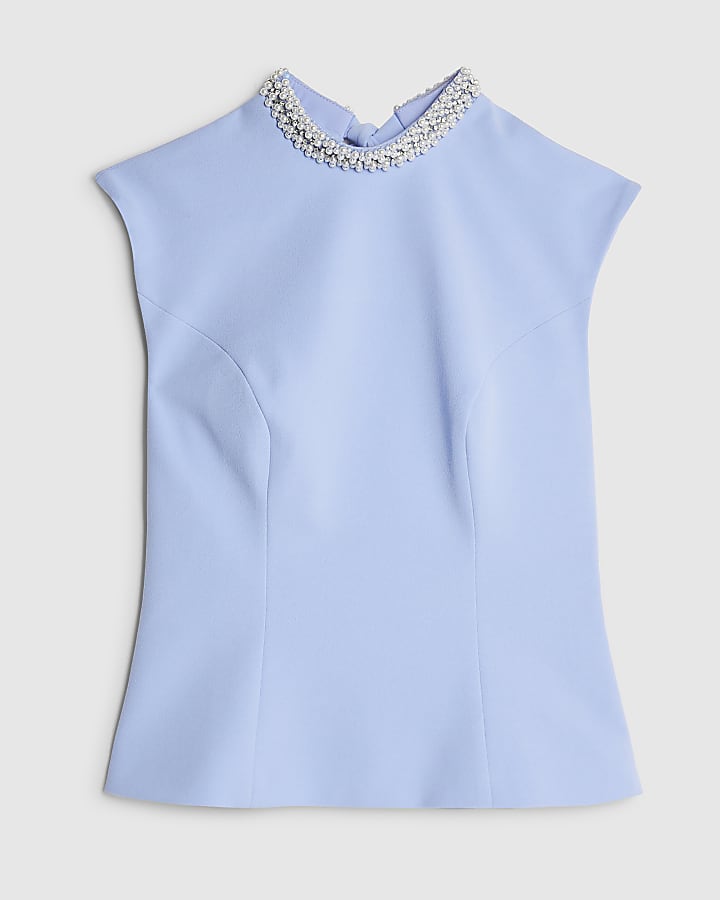 Blue Sleeveless Diamante Collar Bow Back Top