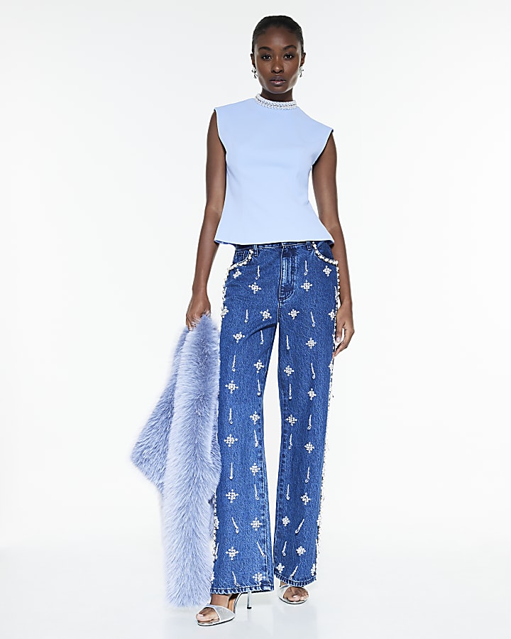Blue Sleeveless Diamante Collar Bow Back Top