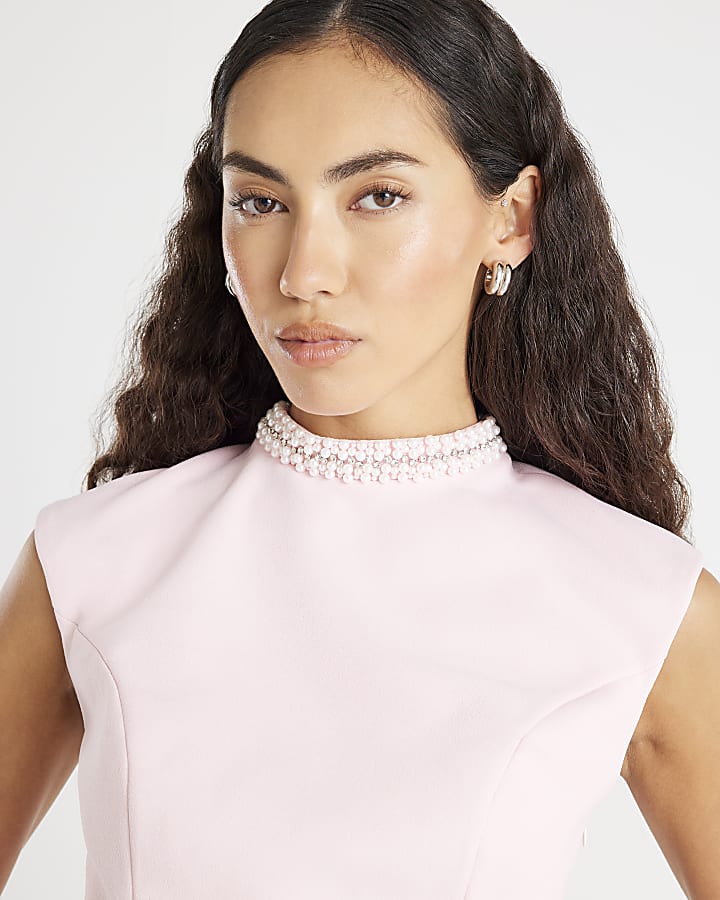 Pink Sleeveless Diamante Collar Bow Back Top