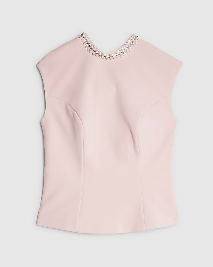 Pink Sleeveless Diamante Collar Bow Back Top