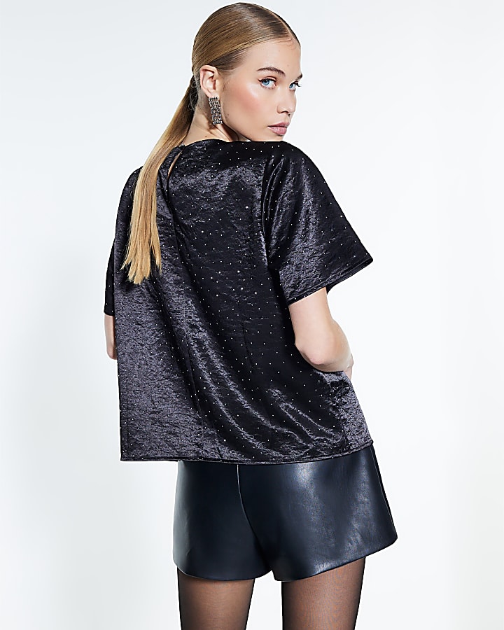 Black Satin Diamante Short Sleeve T-shirt