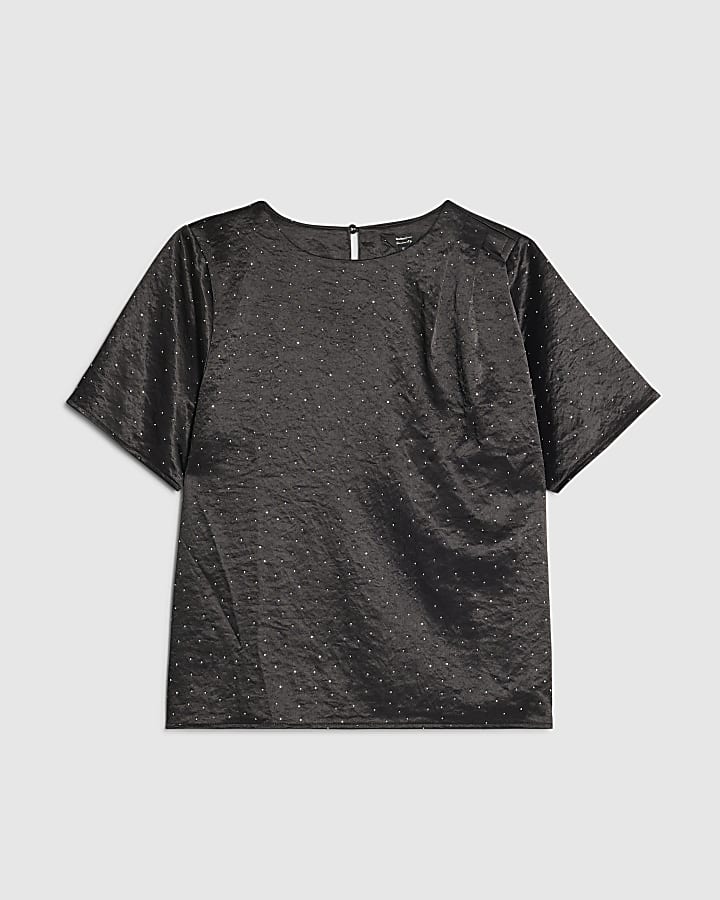 Black Satin Diamante Short Sleeve T-shirt