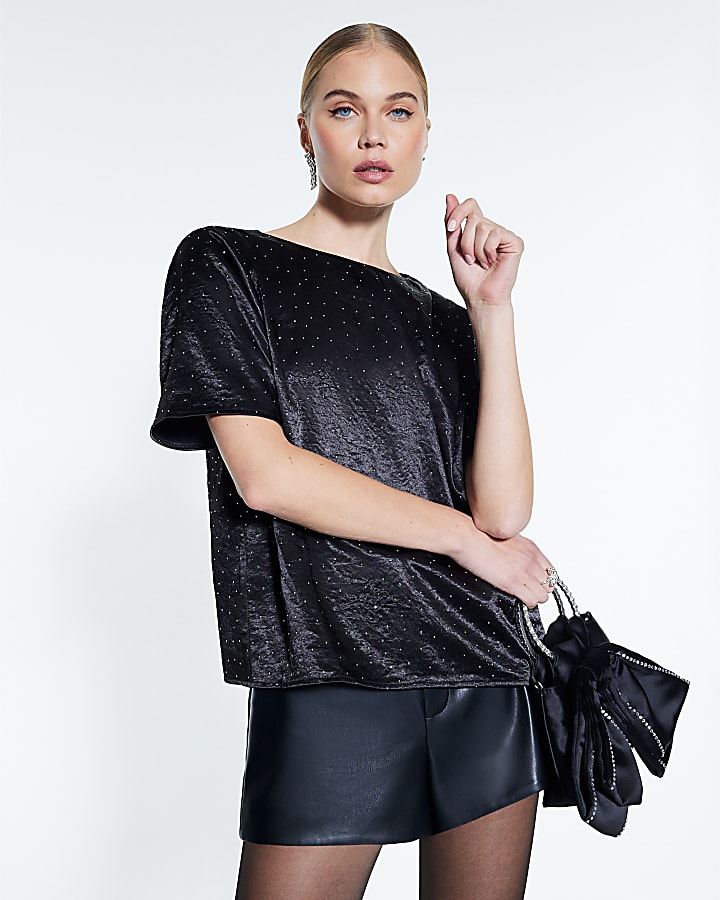 Black Satin Diamante Short Sleeve T-shirt