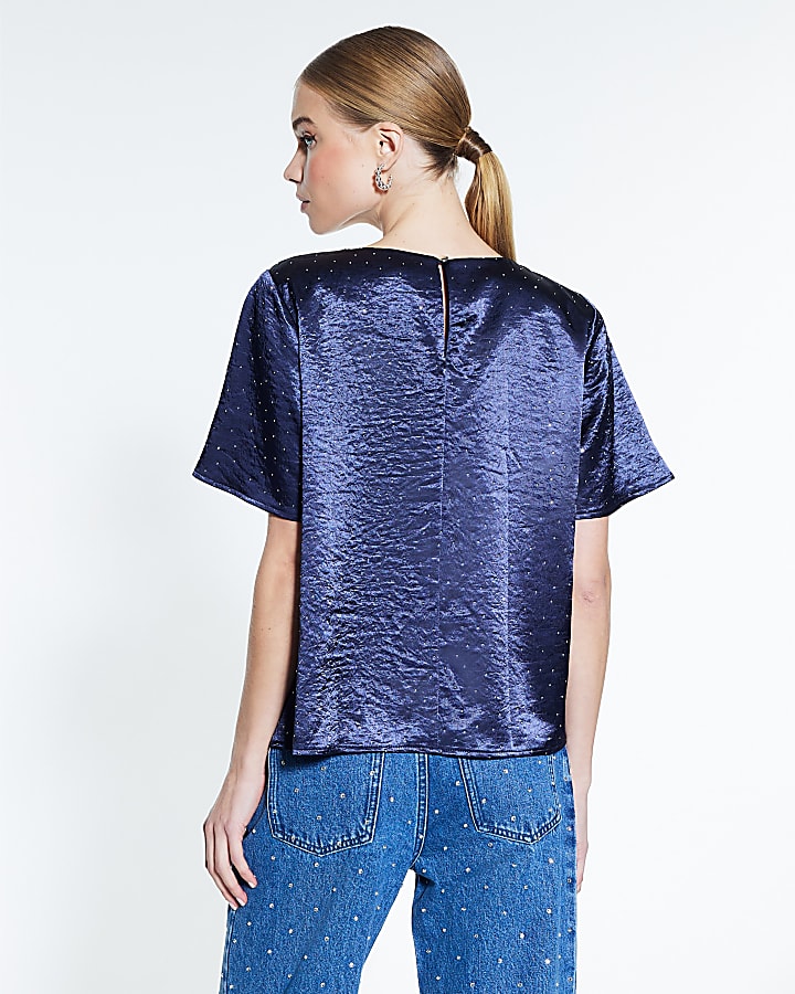 Blue Satin Diamante Short Sleeve T-shirt