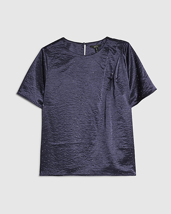Blue Satin Diamante Short Sleeve T-shirt