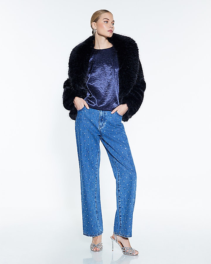 Blue Satin Diamante Short Sleeve T-shirt