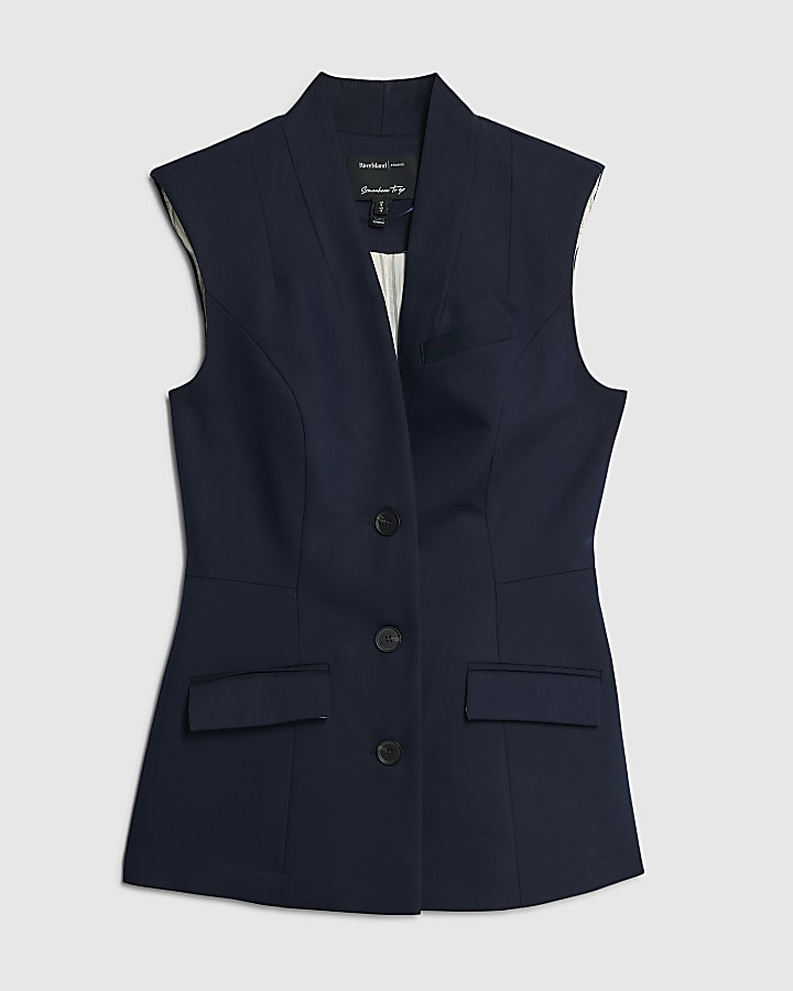 Navy Fitted Longline Waistcoat
