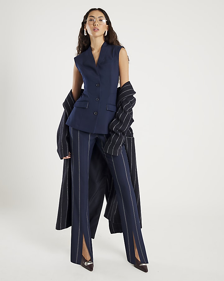 Navy Fitted Longline Waistcoat