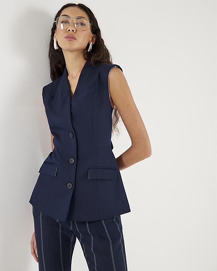 Navy Fitted Longline Waistcoat