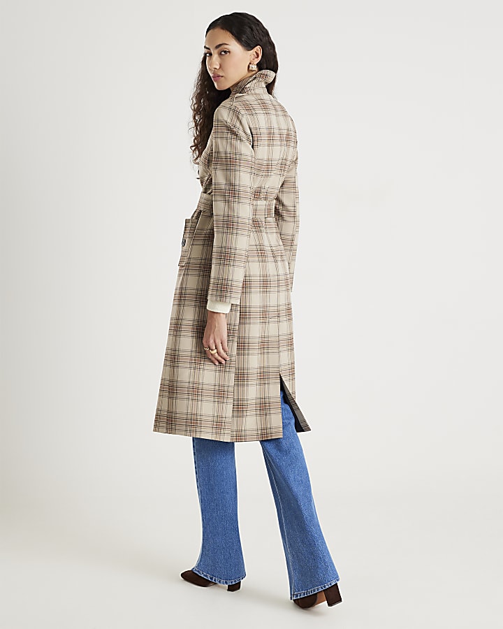 Beige Check Longline Tailored Belted Coat