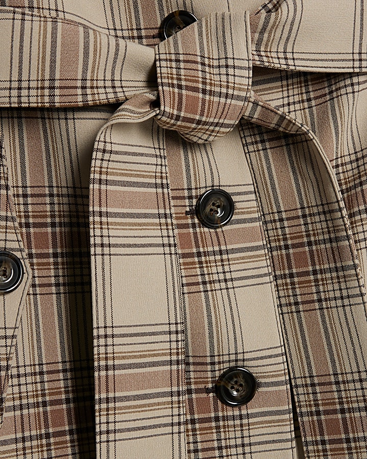 Beige Check Longline Tailored Belted Coat