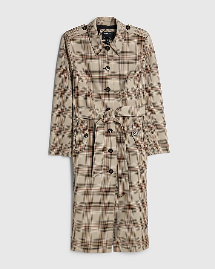 Beige Check Longline Tailored Belted Coat