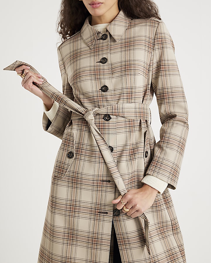 Beige Check Longline Tailored Belted Coat