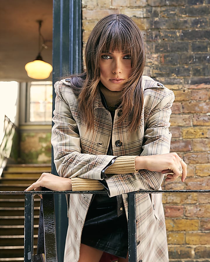 Beige Check Longline Tailored Belted Coat