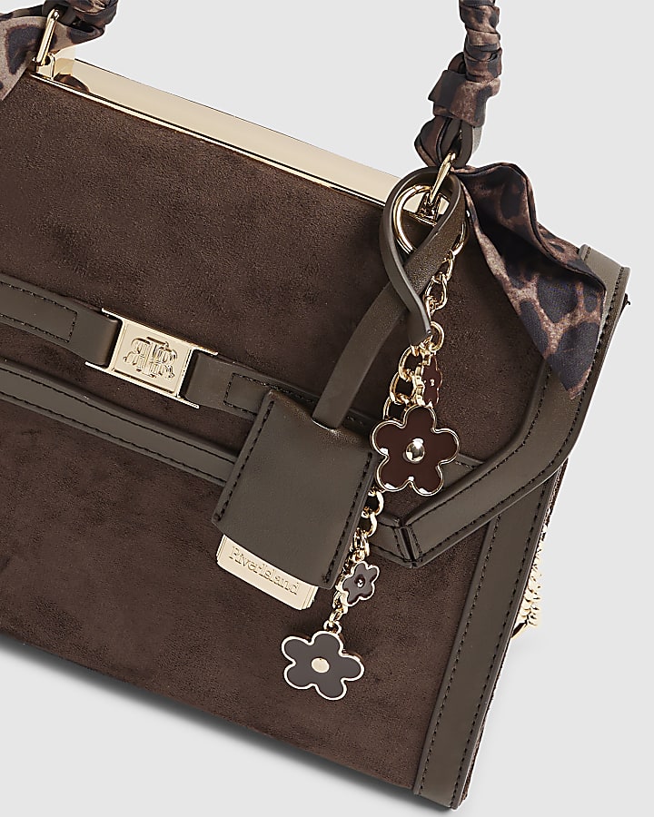 Brown Faux Suede Charm Tote Bag