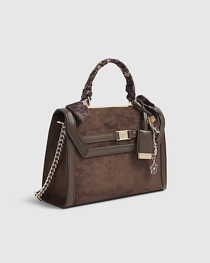 Brown Faux Suede Charm Tote Bag