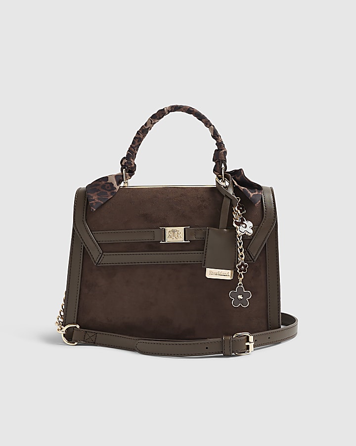 Brown Faux Suede Charm Tote Bag