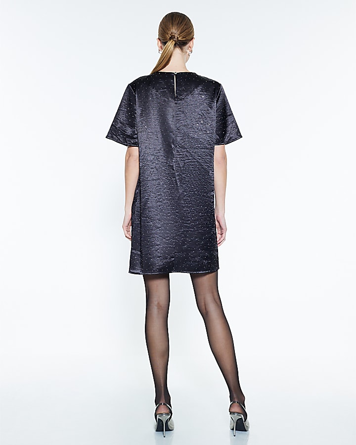 Black Satin Diamante T-shirt Dress