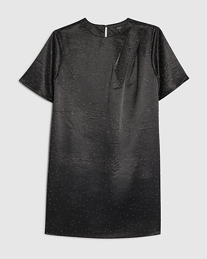 Black Satin Diamante T-shirt Dress