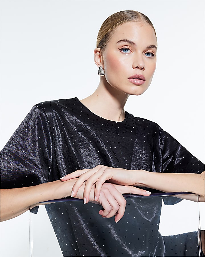 Black Satin Diamante T-shirt Dress