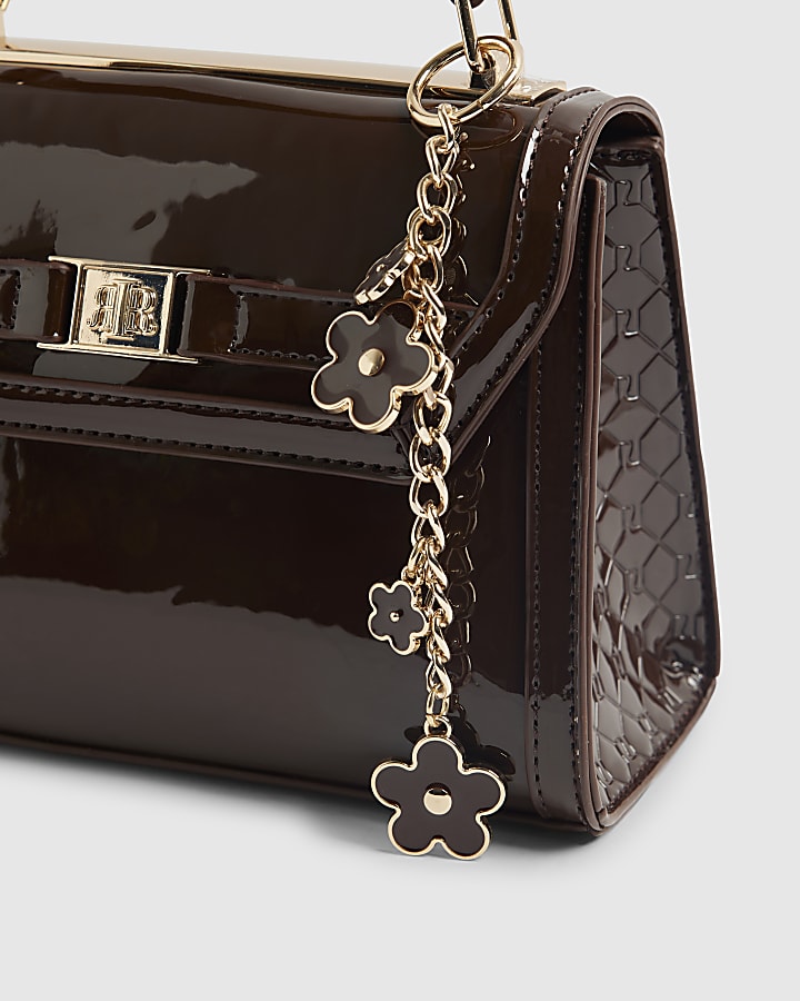 Brown Mini Patent Cross Body Tote Bag