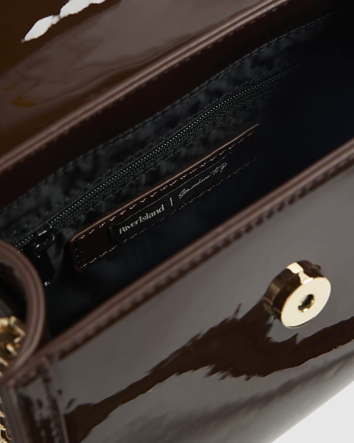 Brown Mini Patent Cross Body Tote Bag