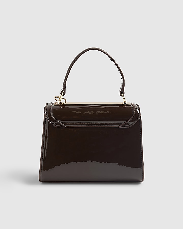 Brown Mini Patent Cross Body Tote Bag