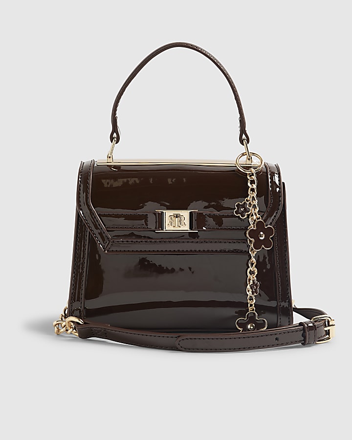 Brown Mini Patent Cross Body Tote Bag