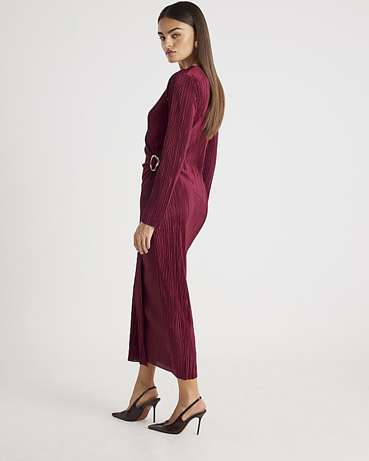 Red Plisse Long Sleeve Wrap Midi Dress