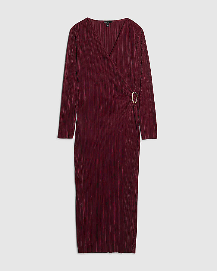 Red Plisse Long Sleeve Wrap Midi Dress