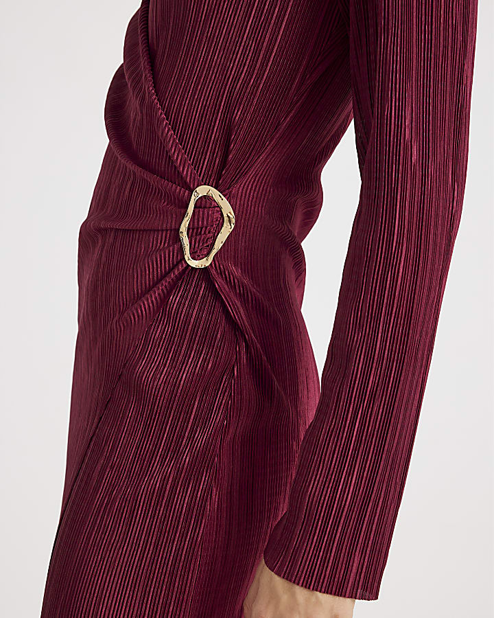 Red Plisse Long Sleeve Wrap Midi Dress