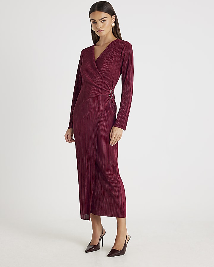 Red Plisse Long Sleeve Wrap Midi Dress