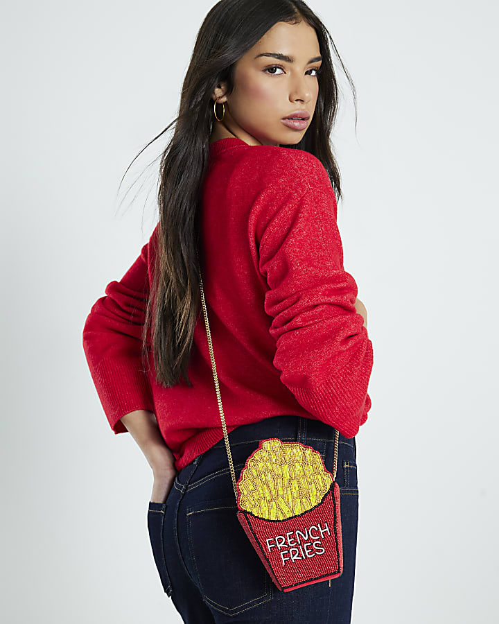 Red Beaded French Fries Cross Body Bag