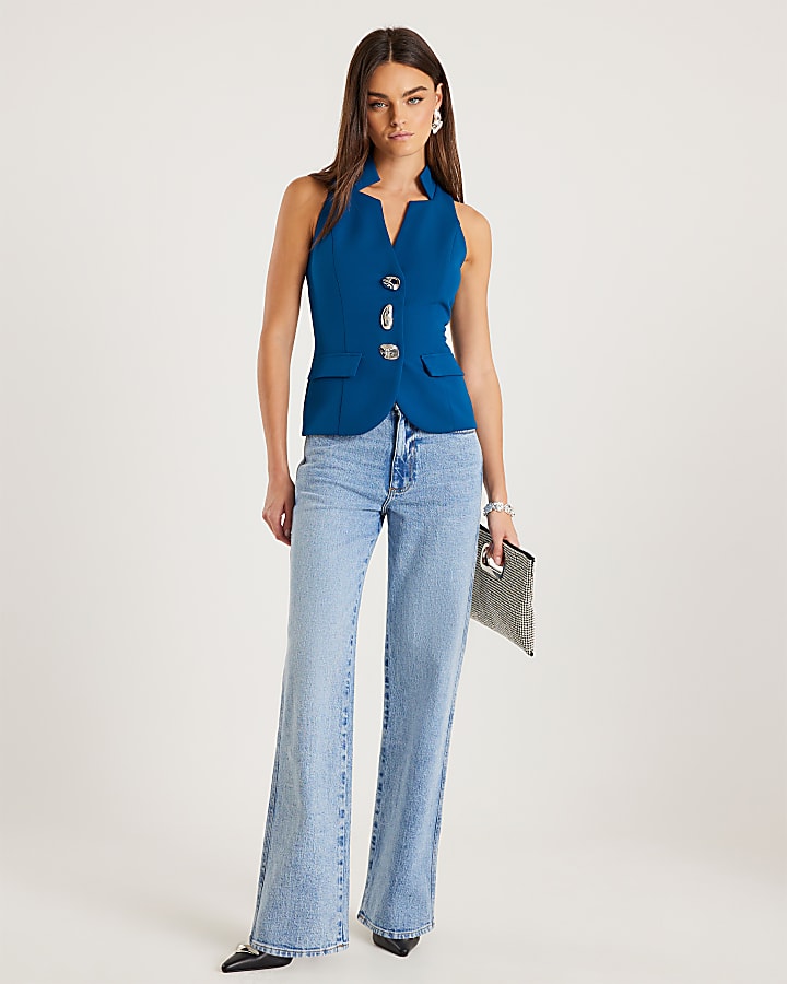 Blue Sleeveless Button Waistcoat