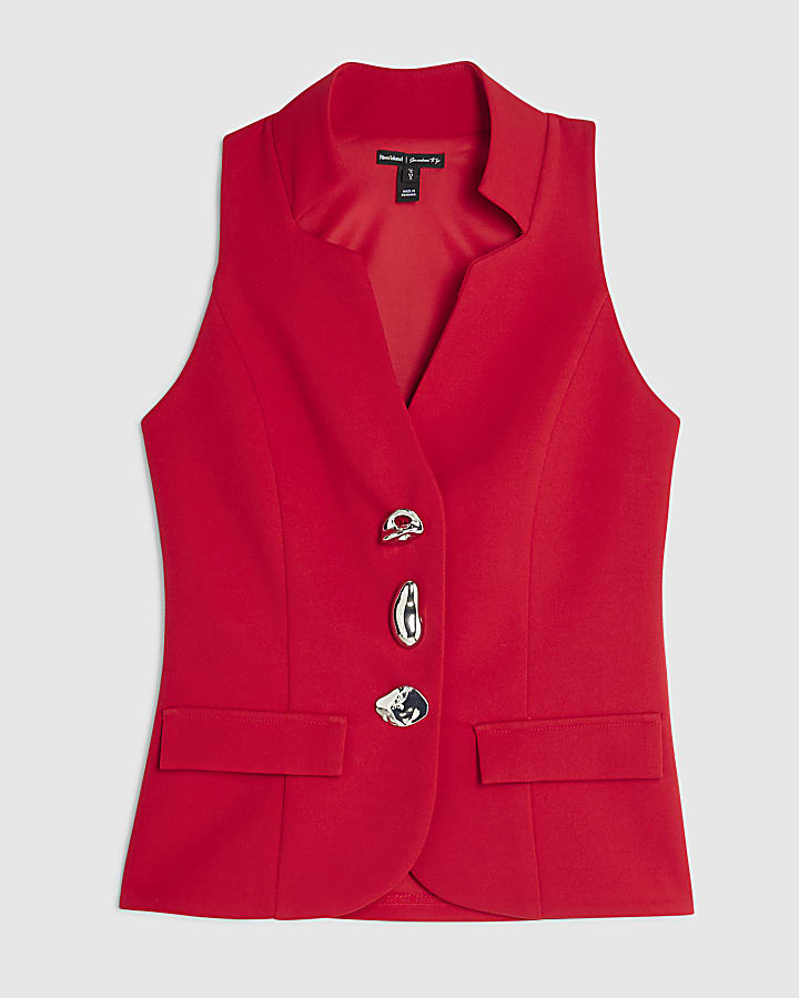 Red Sleeveless Button Waistcoat