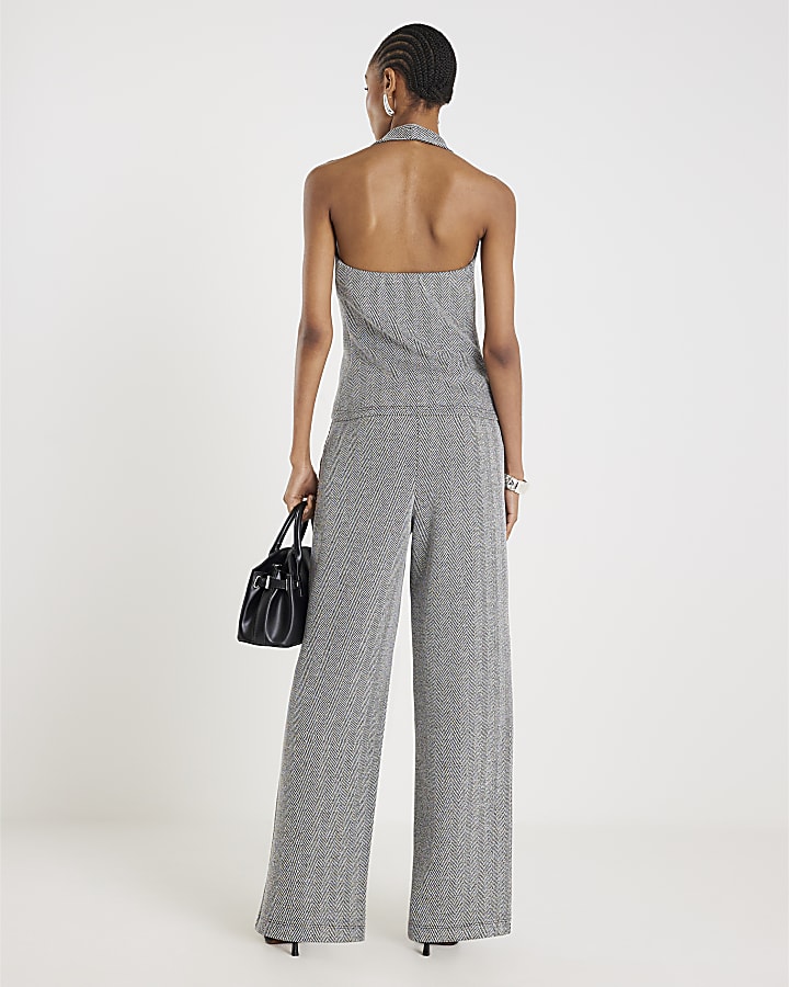 Grey Wide Leg Herringbone Trousers