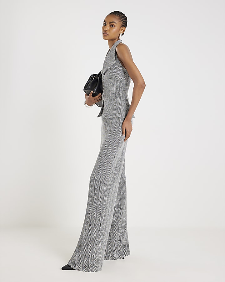 Grey Wide Leg Herringbone Trousers