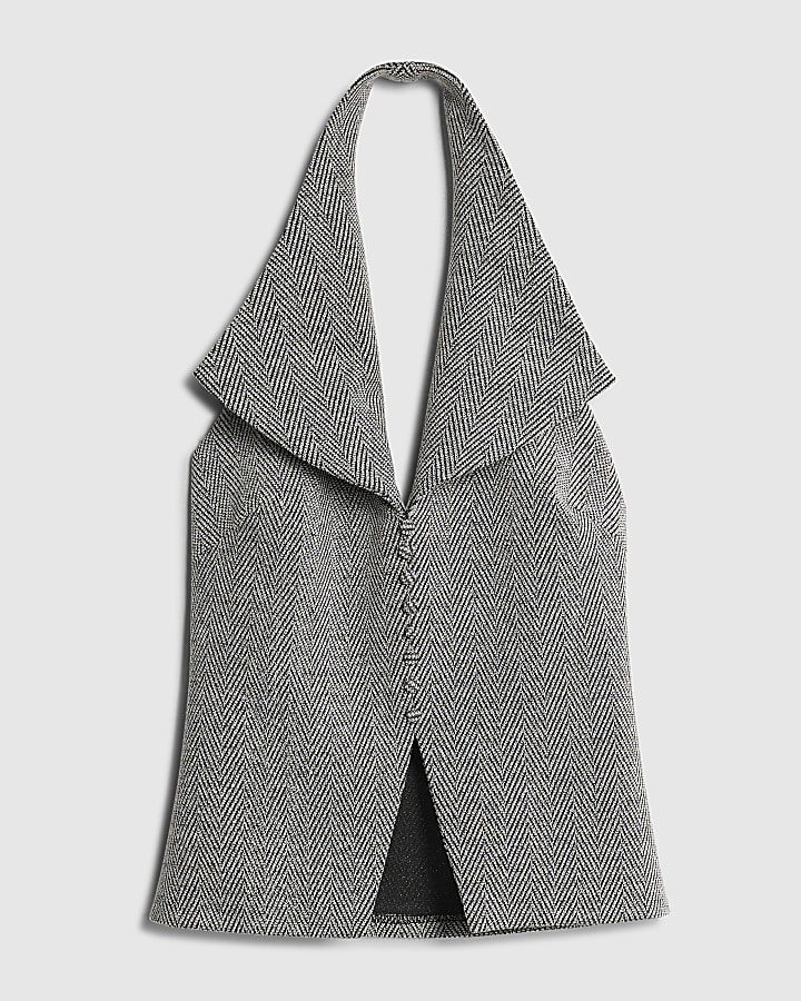Grey Herringbone Sleeveless Halter neck Top