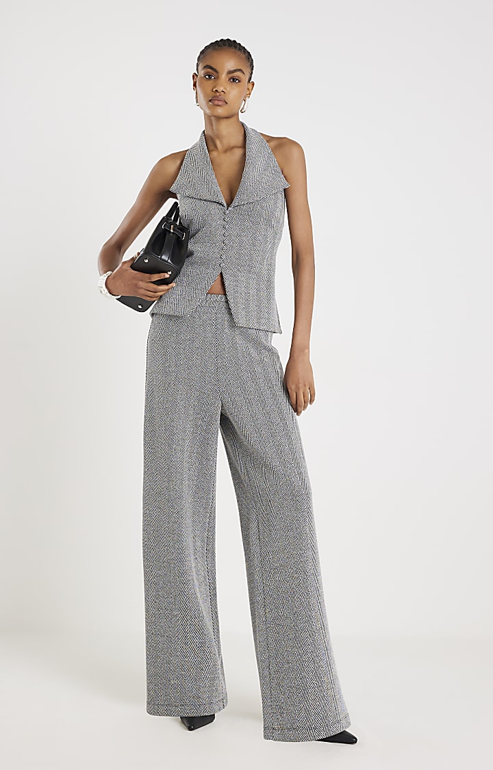 Grey Herringbone Sleeveless Halter neck Top