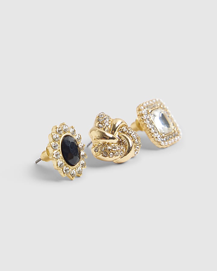 Gold Black Stone Stud Multipack Earrings